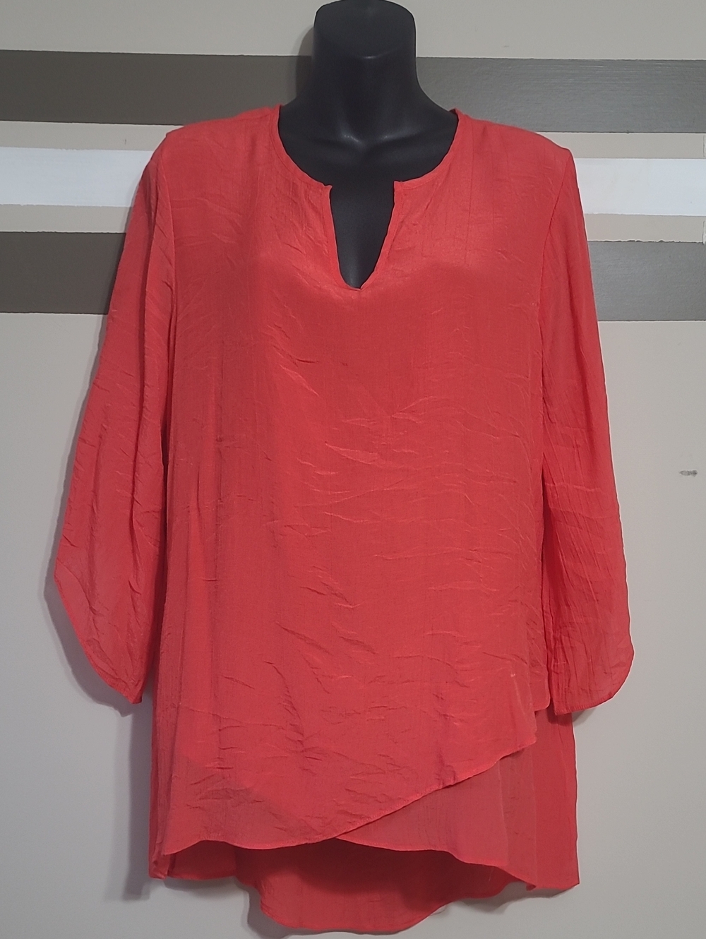 Cristina B. Coral Pink Split-Neck Asymmetric Dual Sheer Layer Tunic Blouse Sz LG